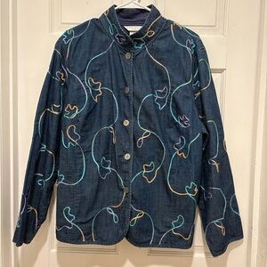 Embroidered Dark Blue Jean Jacket with pockets
